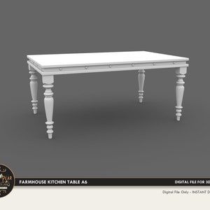 Puede incluir: Una mesa de cocina blanca de estilo rústico con una parte superior rectangular y patas torneadas. La mesa mide aproximadamente 152 cm de largo. El diseño de la mesa incluye detalles decorativos a lo largo del borde superior. También incluye el texto "FARMHOUSE KITCHEN TABLE A6".