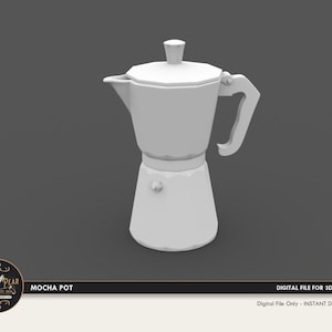 May include: A white ceramic mocha pot with a handle and a spout. The pot has a rounded body and a flat base.