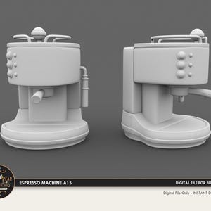 May include: Two light gray 3D digital models of an espresso machine shown from front and side angles. The machine features a portafilter, three circular buttons on the front panel, a top rail, and a steam wand. Text reads: ESPRESSO MACHINE A15.
