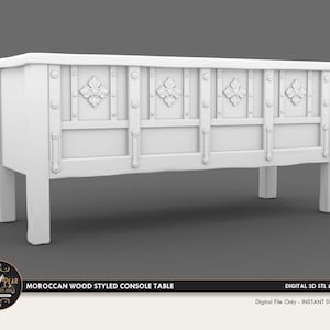 Può includere: Tavolo consolle in legno bianco con dettagli intagliati intricati e un design marocchino. Il tavolo ha un piano rettangolare e quattro gambe.