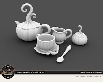 1:12 Pumpkin Tea Set teacup, saucer, teapot, spoon Dollhouse Miniature - 3D STL PRINT file Instant Download