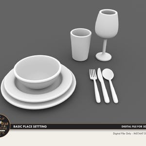 1:12 Basic Table Gedeck Teller, Schälchen Weinglas, Gabel, Messer Löffel Puppenhaus Miniatur - 3D STL PRINT Datei Sofort Download