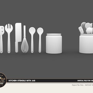 1:12 Kitchen Utensils with Jar  Dollhouse Miniature - 3D STL PRINT file Instant Download