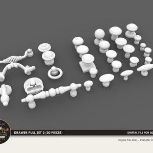 May include: A collection of thirty white 3D-printed drawer pulls and knobs in various shapes and sizes, including bar handles, ring pulls, and round knobs. The image includes a logo and text reading DRAWER PULL SET 2 (30 PIECES) DIGITAL FILE FOR 3D PRINTING.