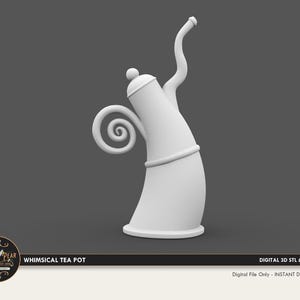 May include: A white 3D digital model of a teapot with a tall, curved body, a long slender spout, and a spiral-shaped handle. The design includes a lid with a small knob. Text at the bottom reads: WHIMSICAL TEA POT, DIGITAL 3D STL & OBJ FILE.