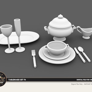 Pode incluir: Conjunto de loiça de cerâmica branca com uma sopeira, um molho, duas taças de vinho, uma tigela de sopa, um prato, um garfo e uma colher. O conjunto é etiquetado como "Tableware Set T4".