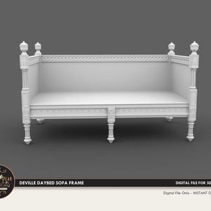 Puede incluir: Marco de sofá cama de madera blanca con tallas intrincadas y un respaldo alto. El marco tiene un diseño simple con cuatro patas y una forma rectangular.