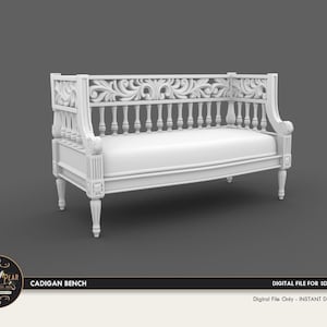 Könnte beinhalten: Eine weiße Cadigan-Bank mit kunstvollen Schnitzereien an Rückenlehne und Armlehnen. Die Bank hat eine gepolsterte Sitzfläche und gedrechselte Beine. Der Text "CADIGAN BENCH" und "DIGITAL FILE FOR 3D PRINTING" ist enthalten.