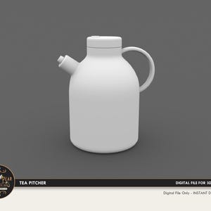 May include: A matte white tea pitcher with a rounded body, a short spout, a circular handle, and a flat lid. The image includes a circular logo with the text "CREATIONS BY THE DOVE & PEAR EST. 2018" and the text "TEA PITCHER" and "DIGITAL FILE FOR 3D PRINTING".