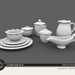 Może przedstawiać: Zestaw białych ceramicznych naczyń kuchennych, w tym talerze, miski, dzbanek do śmietanki, sosjerka i pojemniki z pokrywkami. Zestaw ma falisty brzeg. Obraz zawiera tekst "KITCHEN WARE SET E7" i "DIGITAL FILE FOR 3D PRINTING".