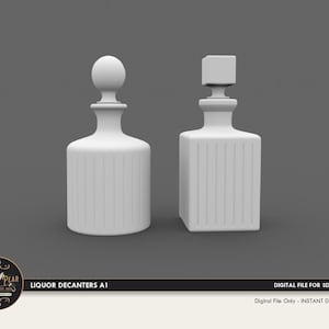 May include: Two matte white liquor decanters with vertical ribbed textures. One decanter features a cylindrical body with a spherical stopper, while the other has a square body with a cube-shaped stopper. Text reads: LIQUOR DECANTERS A1.