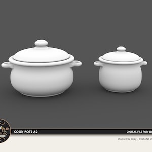以下が含まれることがあります： グレーの背景に、大小2つの白い蓋付きの鍋が表示されています。鍋は丸みを帯びた本体、小さなハンドル、蓋の上部にノブが付いています。「COOK POTS A2」というテキストが表示されています。