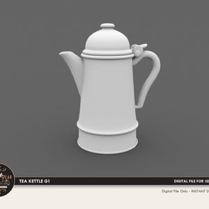 May include: A matte white 3D model of a tea kettle with a domed lid, a curved handle, and a tapered spout. The base features a horizontal ridge. Text at the bottom reads: TEA KETTLE G1, DIGITAL FILE FOR 3D PRINTING, DIGITAL FILE ONLY - INSTANT DOWNLOAD.