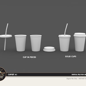 Puede incluir: Modelo 3D imprimible de un vaso de café desechable con tapa y pajita. El modelo se muestra en dos versiones: una ensamblada y otra desmontada en sus partes individuales.