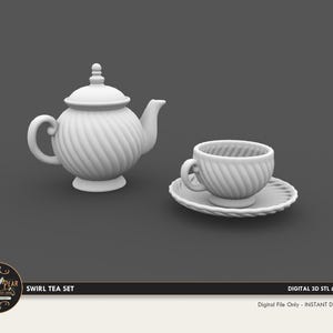 1:12 Swirl Tea Set teapot, teacups, saucer Dollhouse Miniature - 3D STL PRINT file Instant Download