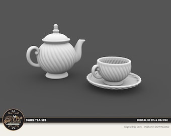 Archivo de impresión 3D (STL) para juego de té en miniatura para casa de muñecas con diseño de remolino.
