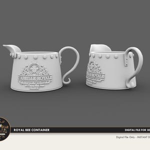 May include: Two matte white 3D-printed containers with a curved handle and a pouring spout. The exterior features a raised emblem with a bee icon, the text L'ABEILLE ROYALE, and the word FRANCE. The rim is decorated with a series of small circular studs.