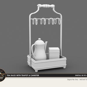 May include: A white 3D model of a tea rack featuring a top handle, six hooks for hanging items, and a rectangular base tray. Inside the tray sits a teapot and a rectangular canister. The text reads: TEA RACK WITH TEAPOT & CANISTER.