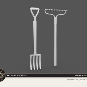 May include: A white 3D model of a pitchfork with a D-shaped handle and a rake with a long handle and multiple tines. The image includes the text "CREATIONS BY THE DOVE & PEAR EST. 2020", "RAKE AND PITCHFORK", and "DIGITAL 3D STL & OBJ FILE".