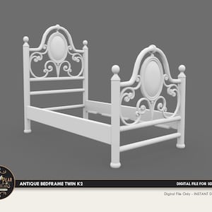 May include: White metal twin bed frame with ornate scrollwork and a decorative oval design on the headboard.  Antique Bedframe Twin K2. Digital File for 3D Printing. Digital File Only - Instant Download.