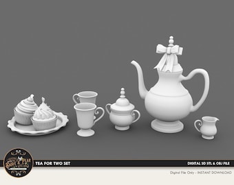 1:12 Tea for Two teapot, teacup, saucer, cupcakes Dollhouse Miniature - 3D STL PRINT file Instant Download