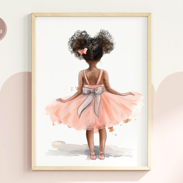 Ballerina Black Girl Nursery Print - Pink Watercolour, Boho Decor, Baby Girl Nursery Wall Art, Instant Download