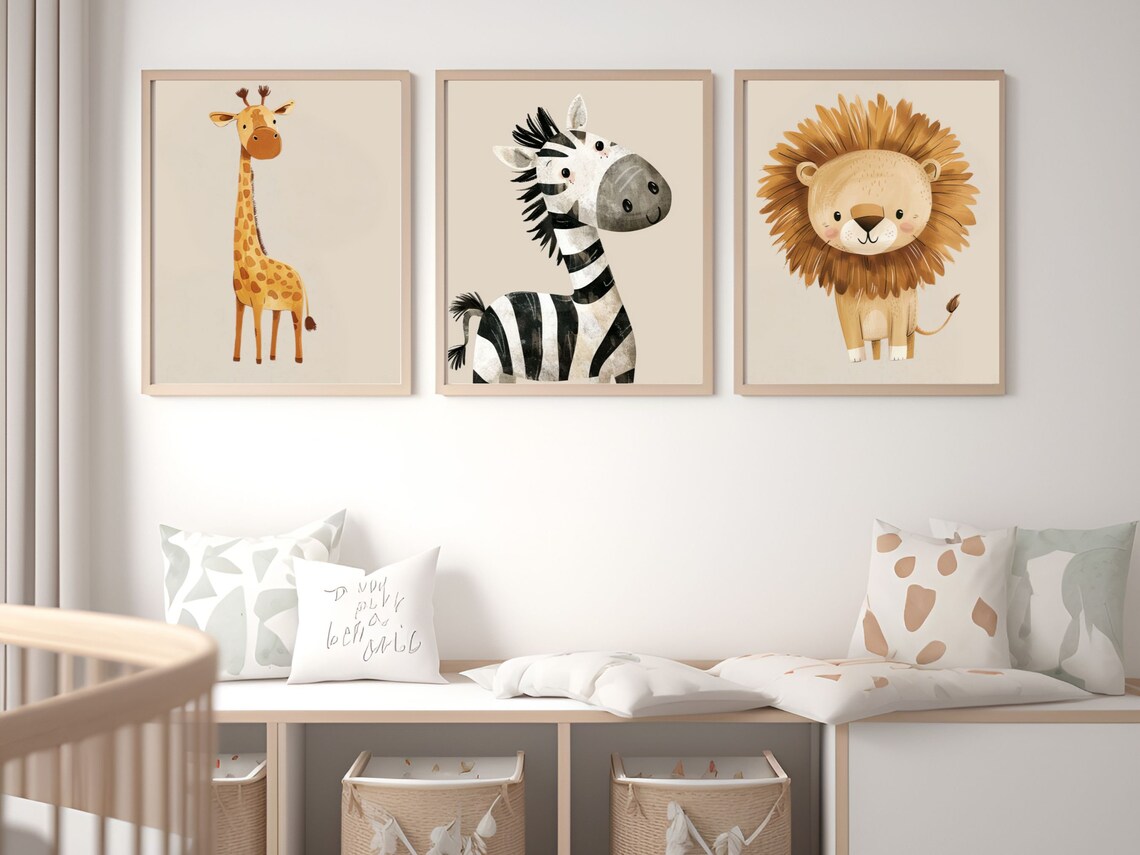 Safari Animal Nursery Prints Cute Giraffe, Zebra, and Lion, Jungle
