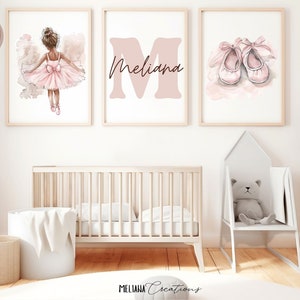 Personalised Ballet Girl Nursery Prints - Watercolour, Boho Decor, Baby Girl Wall Art with Custom Name & Initial, Set of Three Ballerina