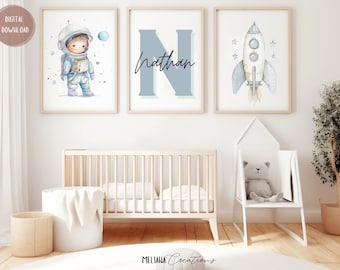 Personalized Astronaut Nursery Prints: Watercolor Space Art, Set of 3 (Digital Download)