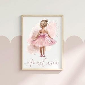 Impression personnalisée de chambre de fille de ballet blonde - aquarelle, décoration bohème, art mural fille avec nom et initiale personnalisés, art mural ballerine
