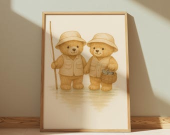 Teddy Bear Fishing Print: Woodland Nursery Wall Art (Digital Download)