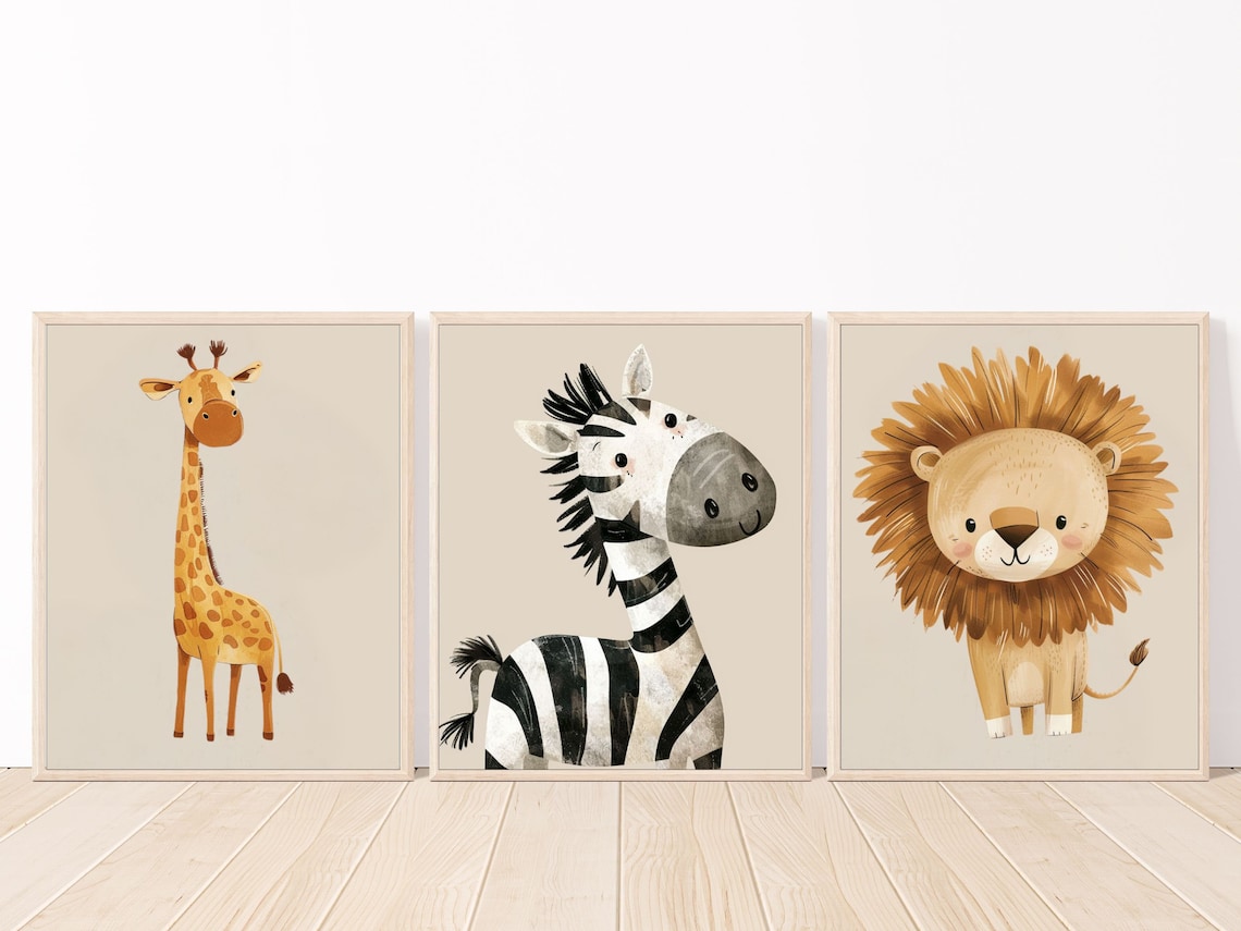 Safari Animal Nursery Prints Cute Giraffe, Zebra, and Lion, Jungle