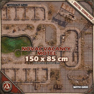 May include: A top-down view of a post-apocalyptic motel battle map titled NOVAC VACANCY MOTEL 150 x 85 cm. The map features a cracked concrete parking lot, a green stagnant pool, debris, and building foundations. Text includes WITHOUT GRID and WITH GRID.