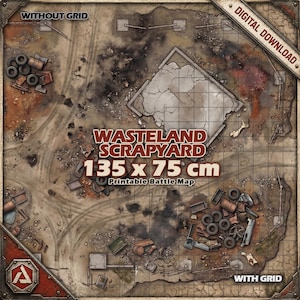 May include: A digital battle map titled Wasteland Scrapyard measuring 135 x 75 cm. The map features a post-apocalyptic landscape with a ruined concrete building foundation, scattered piles of tires, metal debris, and dirt paths on a grid.