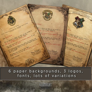 Peut inclure: Trois invitations de style vintage sur le thème de Poudlard. Chaque invitation présente un blason de Poudlard différent et le texte "Cher Party Quest" et "Poudlard School".