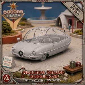 Op de afbeelding: Een grijs 3D-model van een Nucleon Deluxe bubbelauto met een groot, transparant, koepelvormig dak, afgeronde carrosserie en een stuurwiel dat binnenin zichtbaar is. Een klein bordje in de buurt vermeldt Aurora Radiant Motors Experimental 1954.