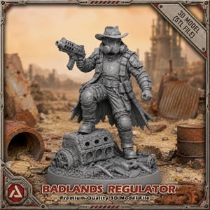 Cazarrecompensas Regulador de las Tierras Baldías / Miniatura de mesa de 32 mm / Archivo STL para impresión 3D de un vaquero ranger postapocalíptico