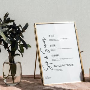 Sip and Savor Drinks, Minimalist Wedding Bar Menu Sign Template, Modern Wedding Bar Menu, Simple Wedding Drink Sign Printable, The Bar Sign