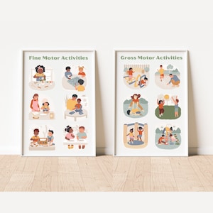 May include: Two posters with illustrations of children engaging in fine and gross motor activities. The poster on the left is titled "Fine Motor Activities" and shows children playing with toys, drawing, and doing puzzles. The poster on the right is titled "Gross Motor Activities" and shows children running, jumping, and playing on a swing set.