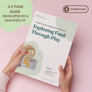 Puede incluir: Una guía verde y blanca para padres que lidian con aversiones a los alimentos. La guía se titula "Explorar la comida a través del juego" e incluye una lista de contenidos: Entender las aversiones a los alimentos, Beneficios del juego con comida, Consejos prácticos y Ideas para juegos con comida.