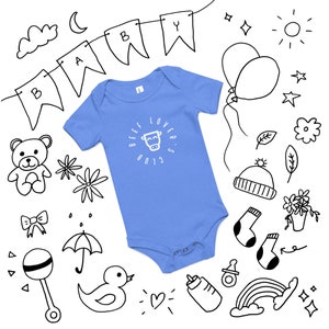 May include: A light blue baby onesie with a white circle graphic that says "Beef Lovers 8013" and a cartoon cow inside the circle. The onesie is surrounded by black and white illustrations of baby items such as a rattle, a pacifier, a duck, a heart, a rainbow, a cloud, a sun, a star, a teddy bear, a flower, a hat, socks, a bottle, and a baby bunting.