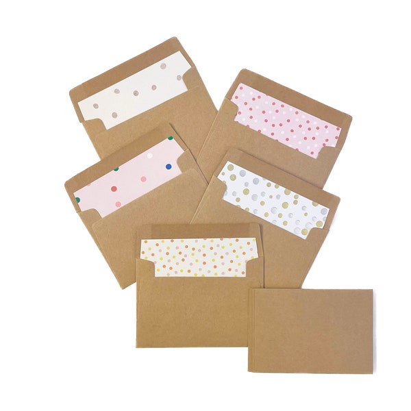 10 Polka Dot Lined Envelopes, Assorted, with Mini 2.5" x 3.5" Note Cards, Set of 10, Lined Envelopes for Gift Cards, Blank Note Cards
