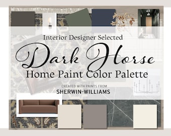 May include: A mood board for a home paint color palette called "Dark Horse" created by an interior designer using Sherwin-Williams paints. The palette includes dark brown, green, blue, gray, and white paint colors.