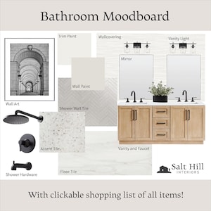 Puede incluir: Moodboard de baño con una foto en blanco y negro de un arco, un tocador blanco con herrajes negros, un azulejo con patrón de chevron blanco y gris y un azulejo moteado blanco y gris. El texto "Bathroom Moodboard" está en la parte superior de la imagen. El texto "Salt Hill Interiors" está en la parte inferior de la imagen.