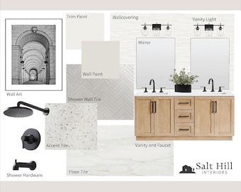 Moodboard|Interior Design|Bathroom Design|Interior Design Services|Design Help|E-design|Instant Download|Neutral White and Black Modern Bath
