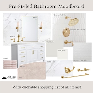 Moodboard/Diseño de interiores/Diseño de baños/Servicios de diseño de interiores/Ayuda de diseño/Diseño electrónico/Descarga instantánea/Blanco y dorado de transición