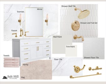 Moodboard|Interior Design|Bathroom Design|Interior Design Services|Design Help|E-design|Instant Download|Transitional White and Gold