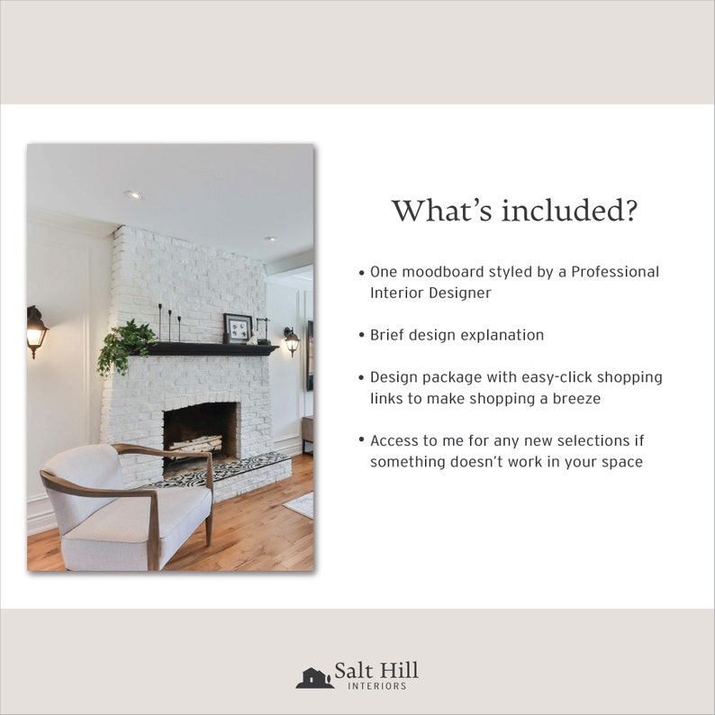 Salt Hill Interiors designer styled kitchen moodboard listing includes a professionally curated design board, design explanation, and shopping list with clickable links.