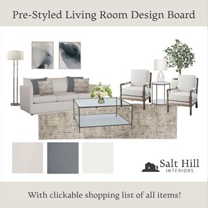 Mood Board de diseño de interiores/e-design/Guía de compra de productos/Paquete de sala de estar prediseñadas/Diseño virtual/Diseñador de interiores/Descarga instantánea