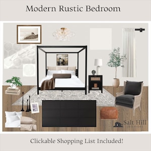 May include: A Modern Rustic Bedroom mood board featuring a black canopy bed, a black dresser, a grey armchair, a white curtain, a gold bubble chandelier, a framed horse print, a nightstand, a potted plant, a leather ottoman, and bedding.